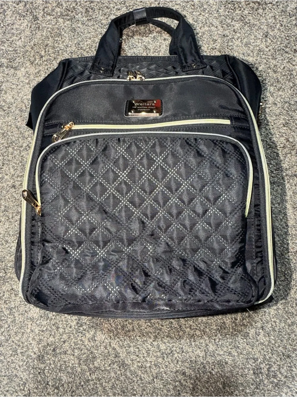 Quilted Black Backpack Tote with Gold Accents